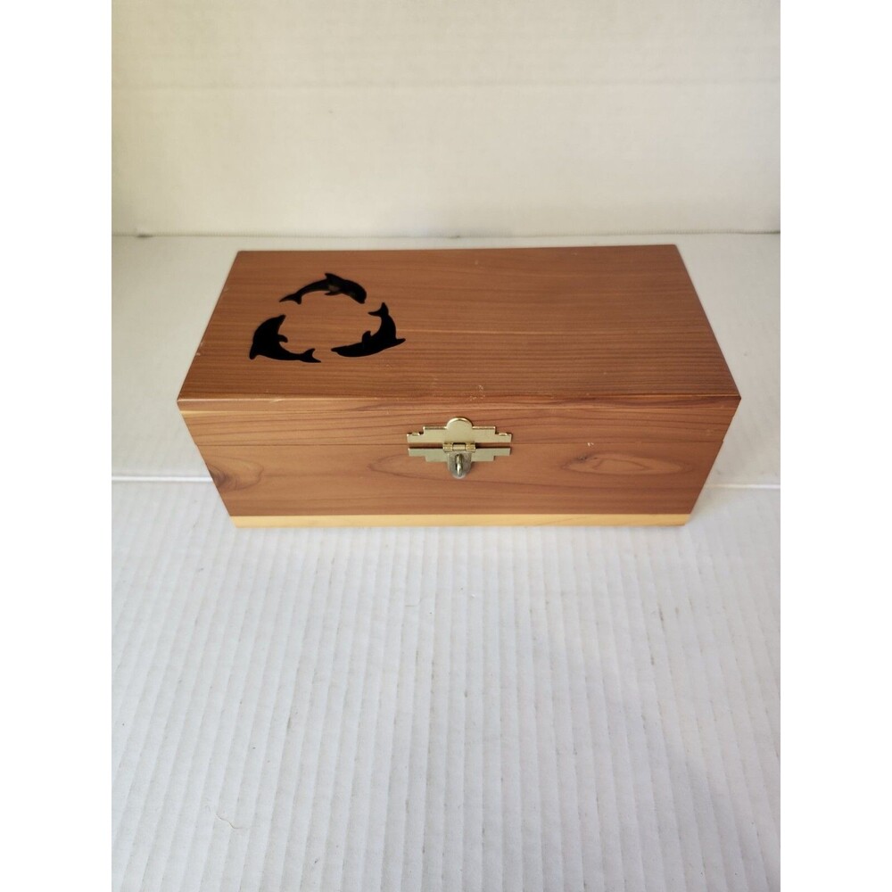 Small Keepsake Box. Cedar. Gold Tone Hinges and Clasp. Cutout Dolphins On Lid